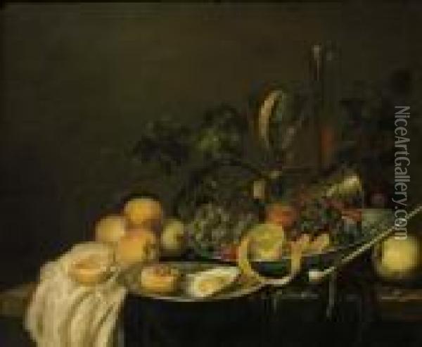 Grapes, A Peeled Lemon, An Orange And Cherries On A Wan-li Dish Oil Painting - Jan Davidsz De Heem