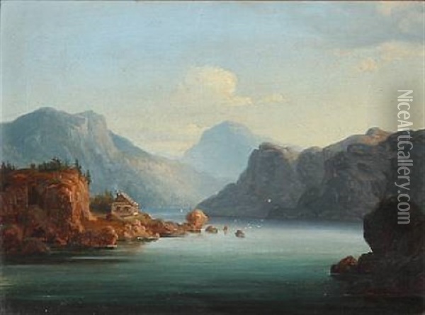 Fjord Scenes From Norway (pair) Oil Painting - Gustav Adolph Mordt