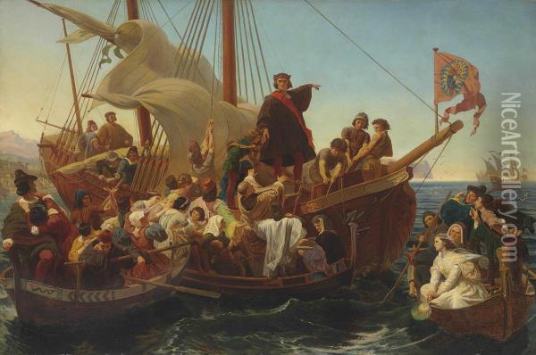 Departure Of Columbus From Palos Oil Painting - Emmanuel Gottlieb Leutze