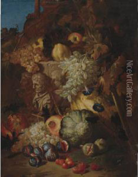 Still Life Of Fruit In A Landscape With The Fragment Of A Bas-relief Oil Painting - Abraham Brueghel
