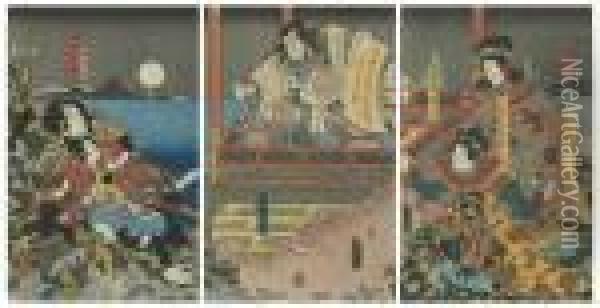 Triptych Depicting Kabuki Players Oil Painting - Kunisada