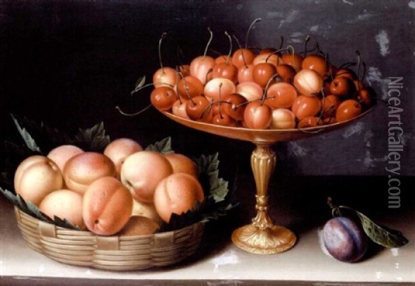 A Basket Of Apricots With A Silver Gilt Tazza Of Cherries And A Plum On A Table Top Oil Painting - Louise Moillon