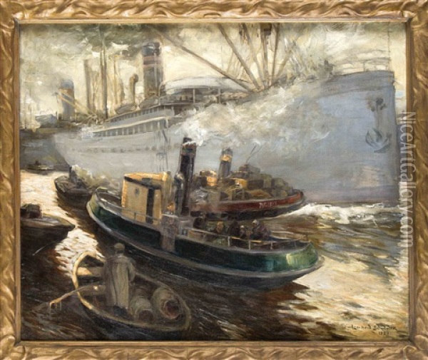 Dampfer Und Schlepper Im Hamburger Hafen Oil Painting - Leonhard Sandrock