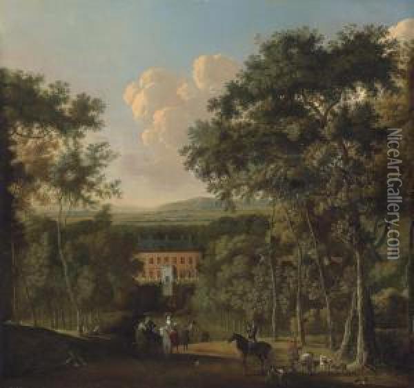A View Of Bridge Place, Kent, A Hunting Party In The Foreground Oil Painting - Adriaen Jansz. Ocker