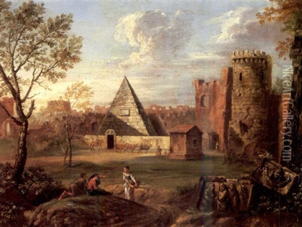 Peasants Resting Outside The Walls Of Rome With The Pyramid Of Gaius Cestius And The Porta San Paolo Oil Painting - George Barret