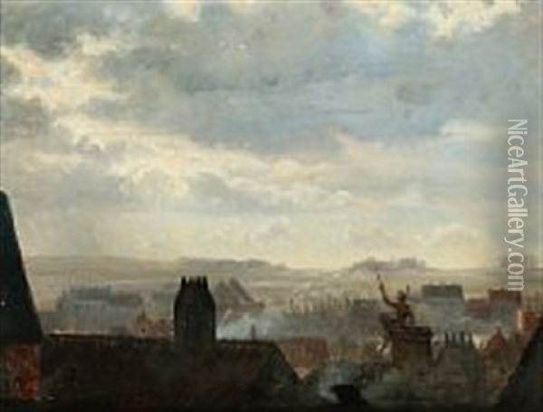 A Chimney Sweeper Enjoying The View Of The City Oil Painting - Anton (Claus) Kolle