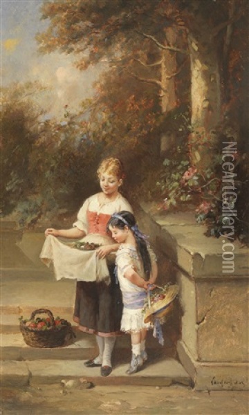 Gemaldepaar: Heimkehr Vom Garten. Das Vogelnest Oil Painting - Francois-Louis Lanfant
