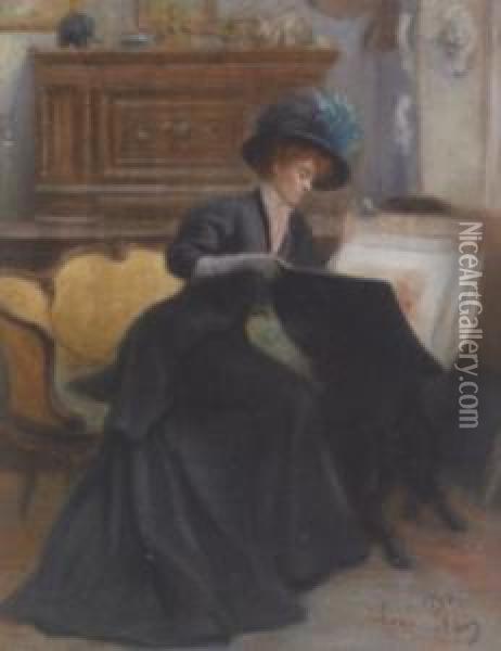 Young Lady Examining An Artist's Folio Oil Painting - Rene Louis Pean