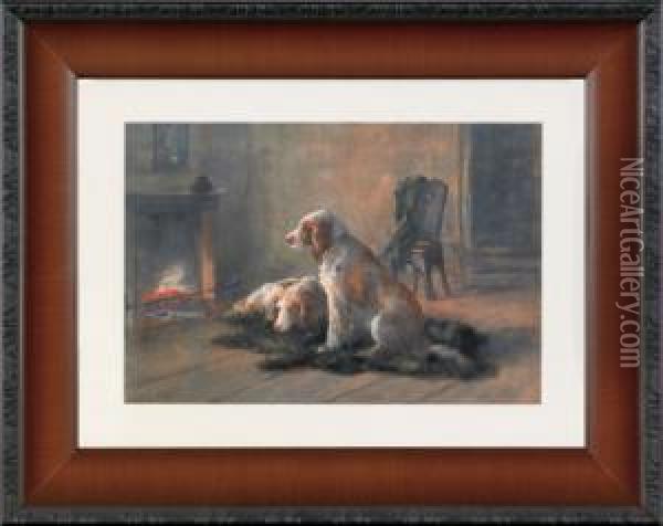Two Sporting Dogs In Front Of A Fire Oil Painting - Hugo Anton Fisher