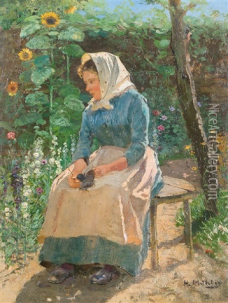 Sitzendes Madchen Mit Strickzeug Im Blumengarten Oil Painting - Hugo Muehlig