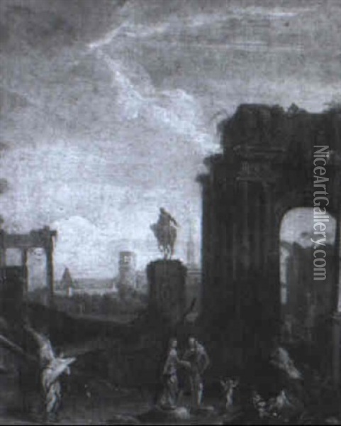 Capriccio Of Ruins With The Flight Into Egypt Oil Painting - Marco Ricci