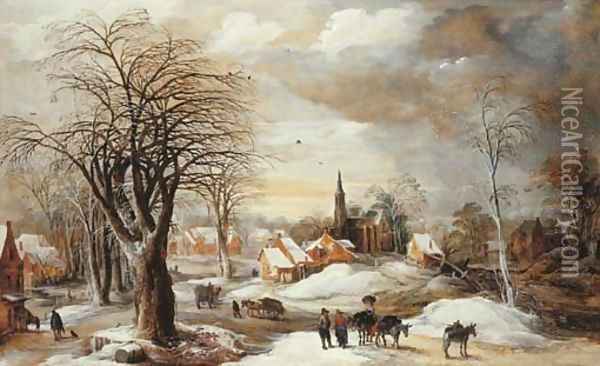 A winter landscape with a muleteer and villagers conversing by his train, travellers by a house and faggot-gatherers with their wagons on a path, a vi Oil Painting - Josse de Momper