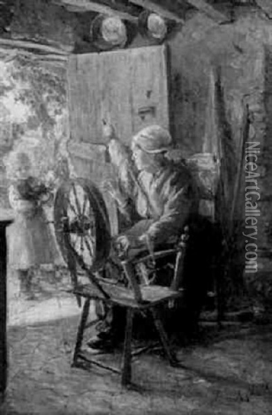 Frau Am Spinnrad Oil Painting - Rene Louis Chretien