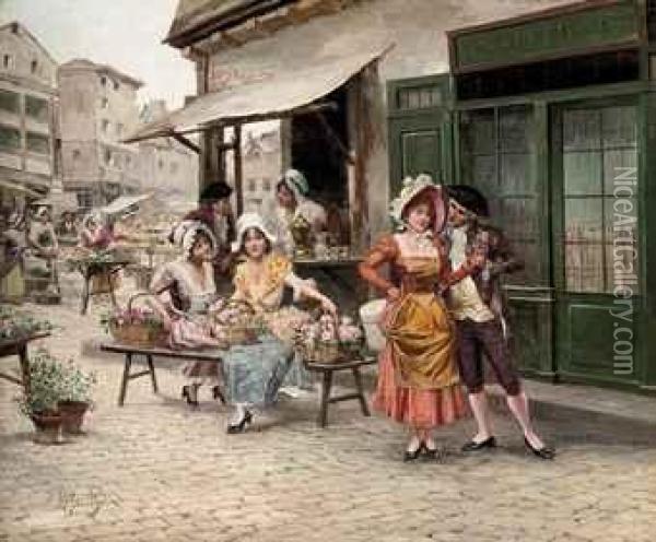 A Tryst At The Flower Market Oil Painting - Alonso Perez