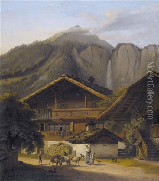 Weiler Im Berner Oberland Mit Staffage Oil Painting - Abraham Sigmund A. von Bonstetten