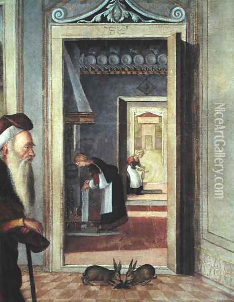 The Birth of the Virgin, detail of servants in the background, 1504-08 Oil Painting - Vittore Carpaccio