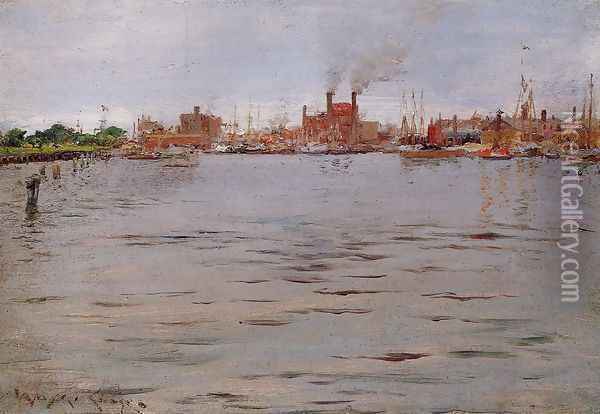 Harbor Scene Brooklyn Docks Oil Painting - William Merritt Chase