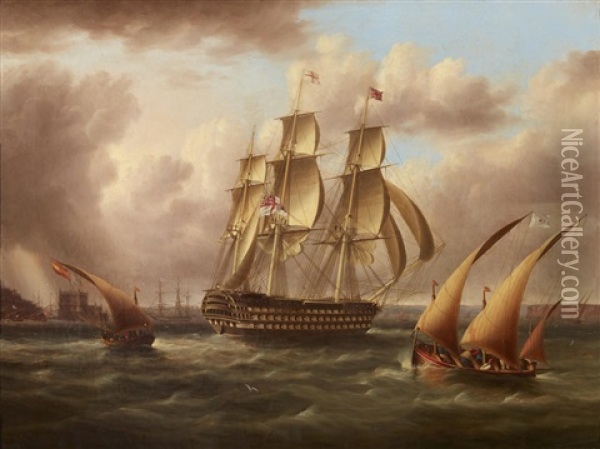A Three-decker Of The White Fleet Off Belem Castle Oil Painting - James Edward Buttersworth