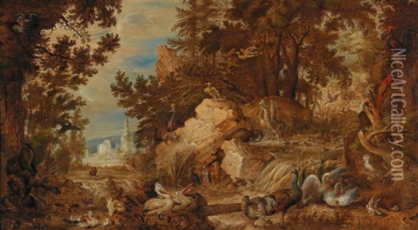 A Wooded Landscape With Numerous Exotic Birds Including A Dodo Oil Painting - Hans Savery the Younger