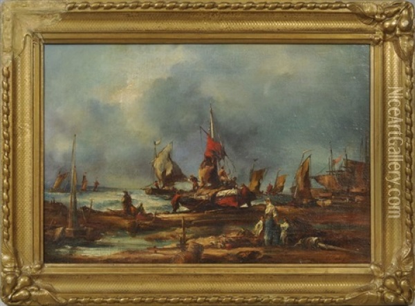 Strandszene Mit Hinausfahrenden Fischerbooten Oil Painting - Louis-Gabriel-Eugene Isabey