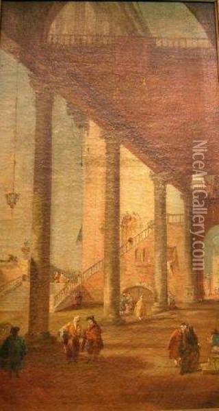 A Loggia In Venice With Figures Conversing Oil Painting - Francesco Guardi