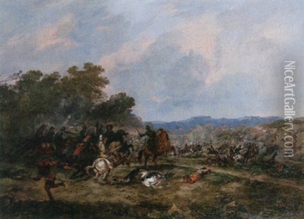 A Cavalry Skirmish Oil Painting - Jean-Baptiste Leprince
