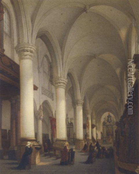 Interieur De L'eglise Saint Paul D'anvers: A Church Interior With Figures In Prayer Oil Painting - Bernard Neyt