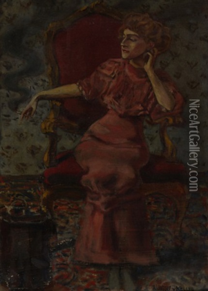 Sitzende Dame Im Roten Kleid Oil Painting - Albert von Keller
