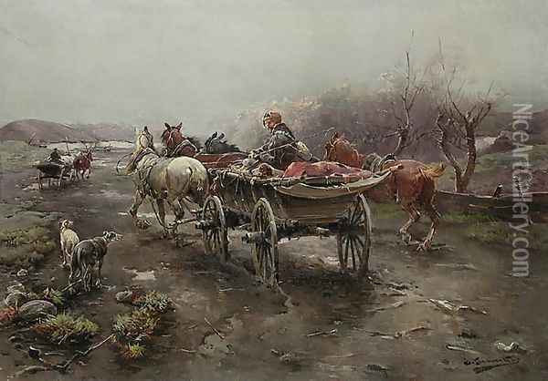 Horse Bottom Plate (Pferdegespann) Oil Painting - J. Konarski