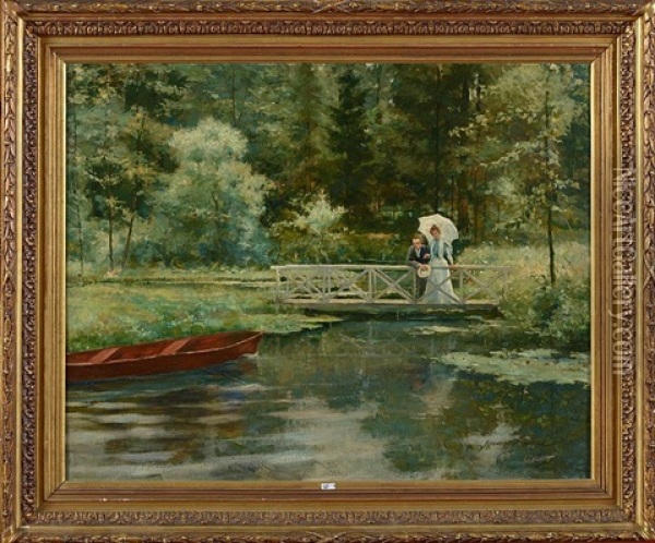 Couple Sur Le Pont Enjambant Un Lac Oil Painting - Jean Mayne