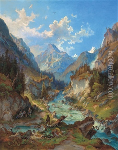 Jager Im Dachsteingebirge Oil Painting - Heinrich Carl Schubert