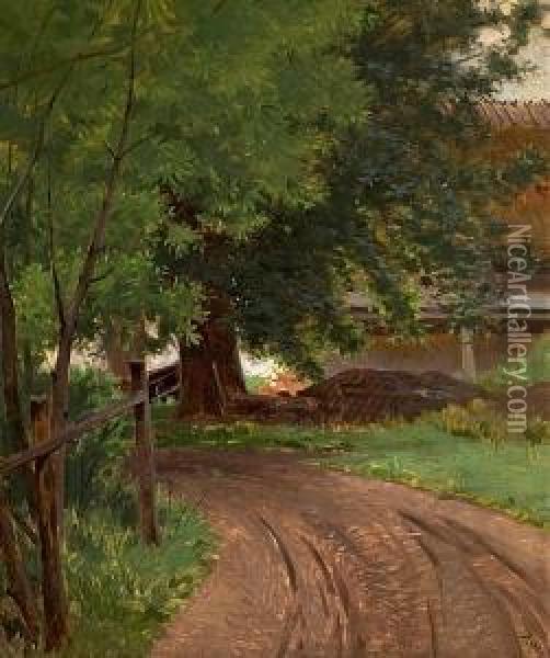Road Leading Trough Trees. Signed Monogram Oil Painting - Frants Peter Didrik Henningsen