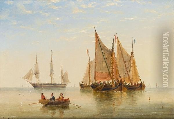 Barges In A Calm Offshore, With A Frigate Drying Her Sails Beyond Oil Painting - Edward King Redmore