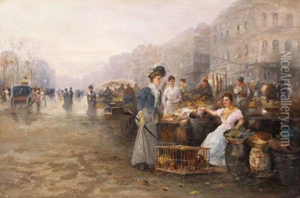 Marche A Anvers (markttag In Antwerpen) Oil Painting - Emil Barbarini