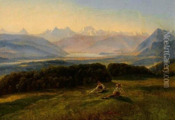 Bei Zimmerwald Mit Blick Auf Den Thunersee. Oil Painting - Johann Gottfried Steffan