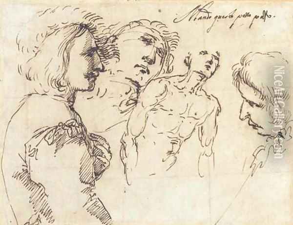A young man, half-length, in a plumed hat, in profile to the right, with two studies of heads and another of a nude, half-length Oil Painting - Salvator Rosa