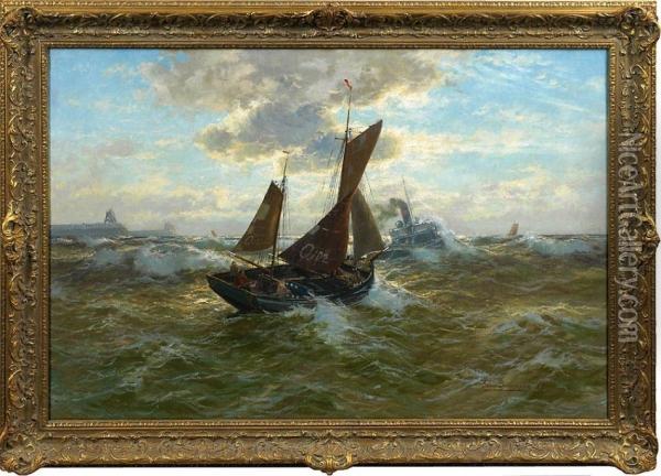 Fischerboot Und Schlepper An Sturmischer Kuste Oil Painting - Georg Sommer