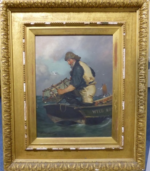 A Fisherman Hauling In A Lobster Pot Oil Painting - William Woodhouse
