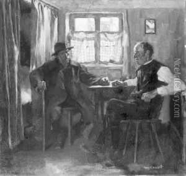 Zwei Manner In Einer Hessischen Bauernstube. Oil Painting - Franz Eichhorst