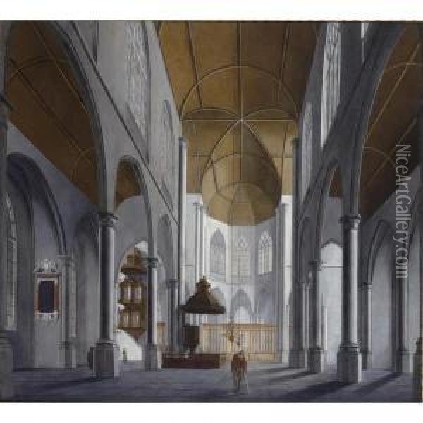 A Church Interior With A 
Crippled Man In The Foreground, And Other Figures In The Background Oil Painting - Hendrick Van Vliet