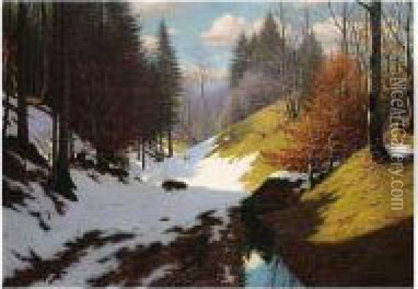 Muller-landeck , Early Spring, Signed And Inscribed Munchen, Oil On Canvas, 69.5 X 99 Cm.; 27 1/2 X 39 In Oil Painting - Fritz Muller-Landeck