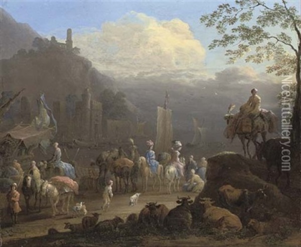An Elegant Company Of Travellers By A Harbour With Figures In The Foreground, Cattle And Sheep Beyond Oil Painting - Jan-Baptiste van der Meiren