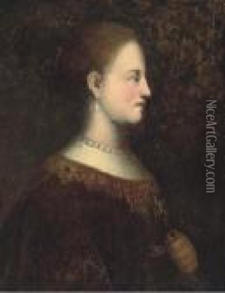 Portrait Of A Lady, Quarter-length, In A Brown Dress With Goldembroidery Oil Painting - Rembrandt Van Rijn