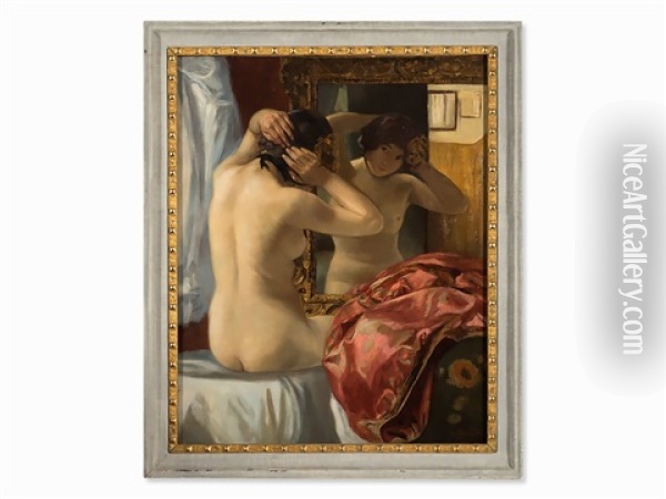 Female Nude Before A Mirror Oil Painting - Raimund Germela