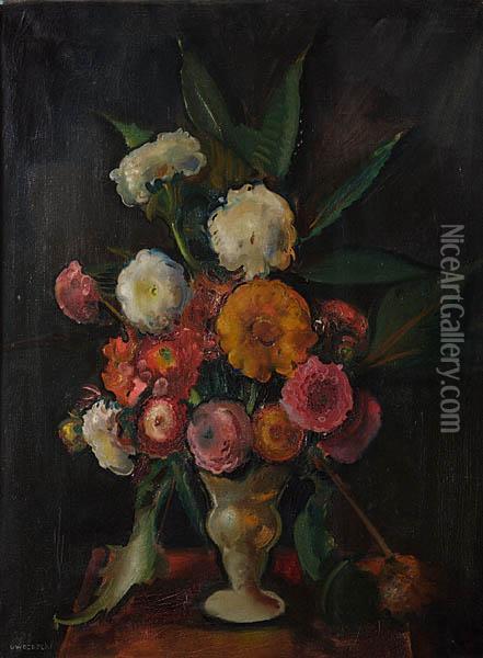 Kwiaty W Wazonie (kwiaty Na Zielonym Tle), Ok. 1929 -1930 Oil Painting - Gustaw Gwozdecki
