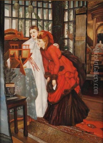Two Girls In An Interior Oil Painting - James Jacques Joseph Tissot