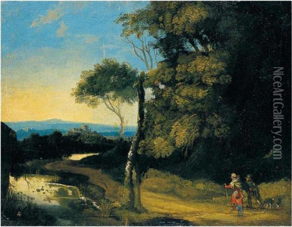 Paesaggio Con Alberi, Laghetto E Viandanti Oil Painting - Herman Van Swanevelt