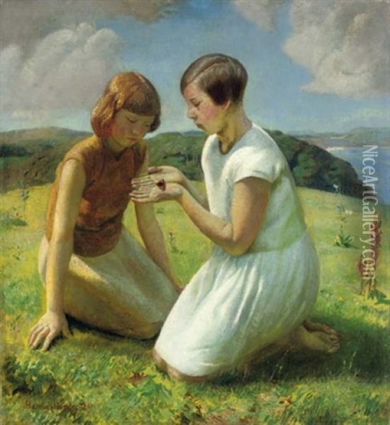 Two Young Girls With A Butterfly Oil Painting - Harold Harvey