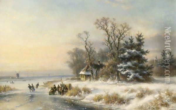 A Winter Landscape With Skaters Near A A'Koek En Zopie A' Oil Painting - Lodewijk Johannes Kleijn