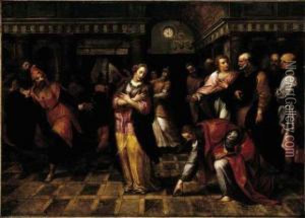 Le Christ Et La Femme Adultere 
Ecole Anversoise, Vers 1580 Oil Painting - Jacob I De Backer